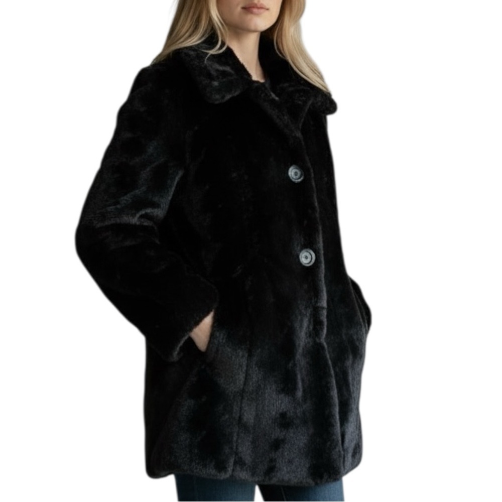 B Hip! by Me Jane Black A Line Faux Fur Coat Jacket Size S Button Front Pockets